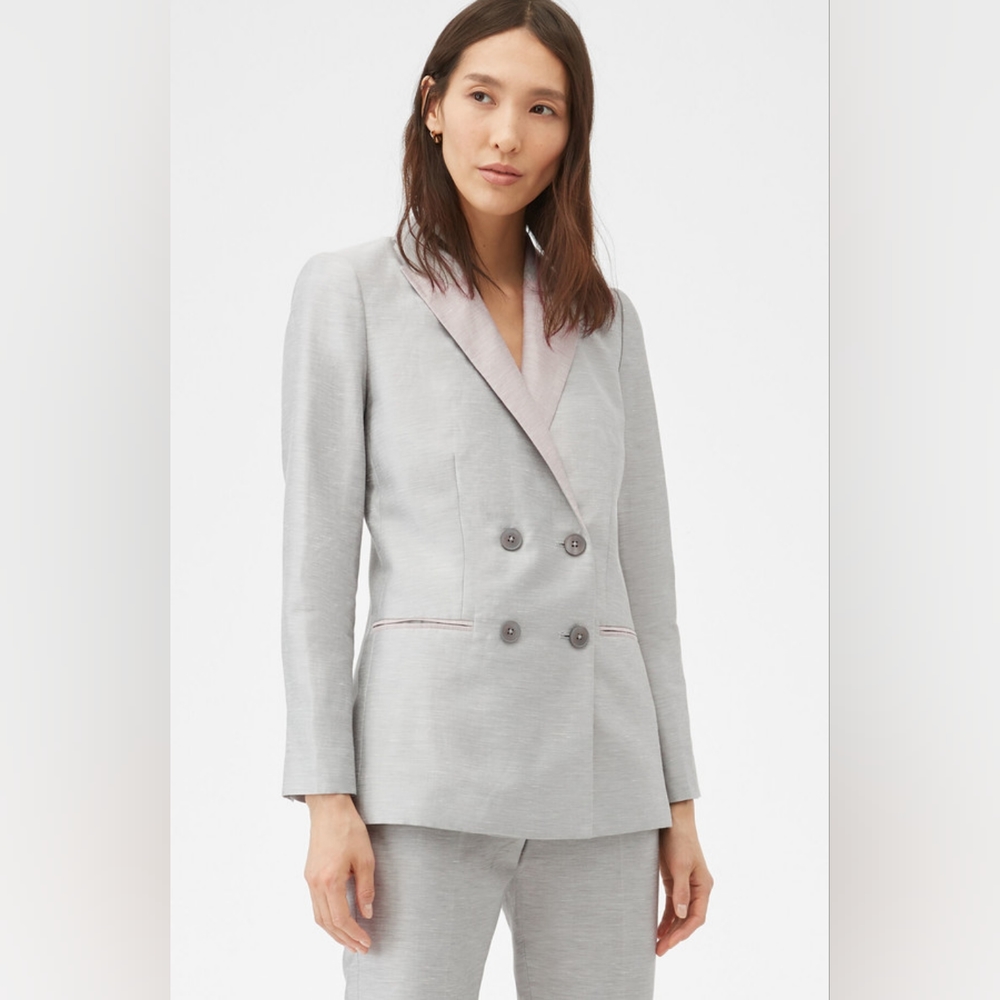 Rebecca Taylor Slubby Linen Blend Double Breasted Blazer Jacket Grey Tailored 12